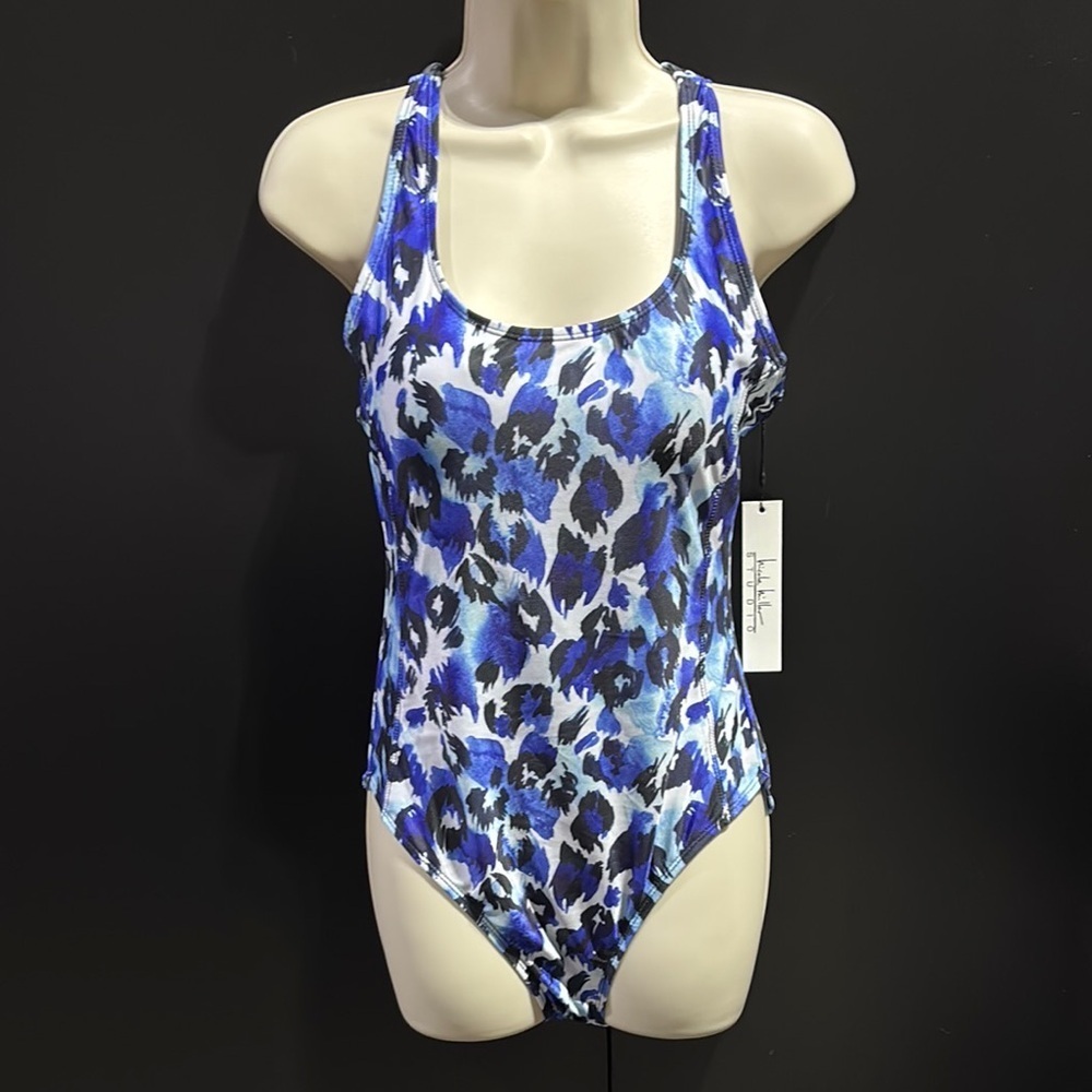 Nicole Miller Aqua Cheetah Print,Racerback,Padded,One Piece Swimsuit,Summer